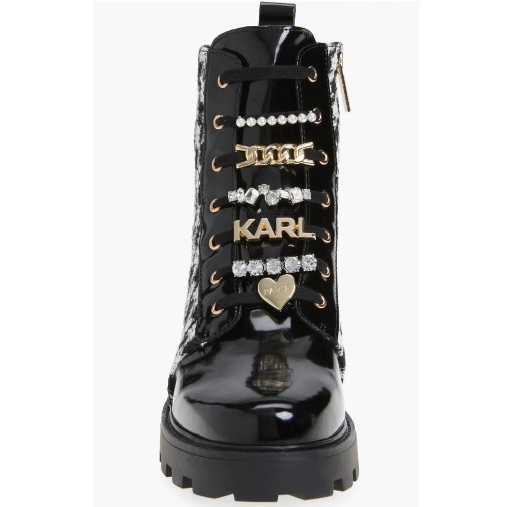 Karl Lagerfeld Paris Mela Tweed Combat Boot | Womens 6, Black White Houndstooth - Picture 4 of 7